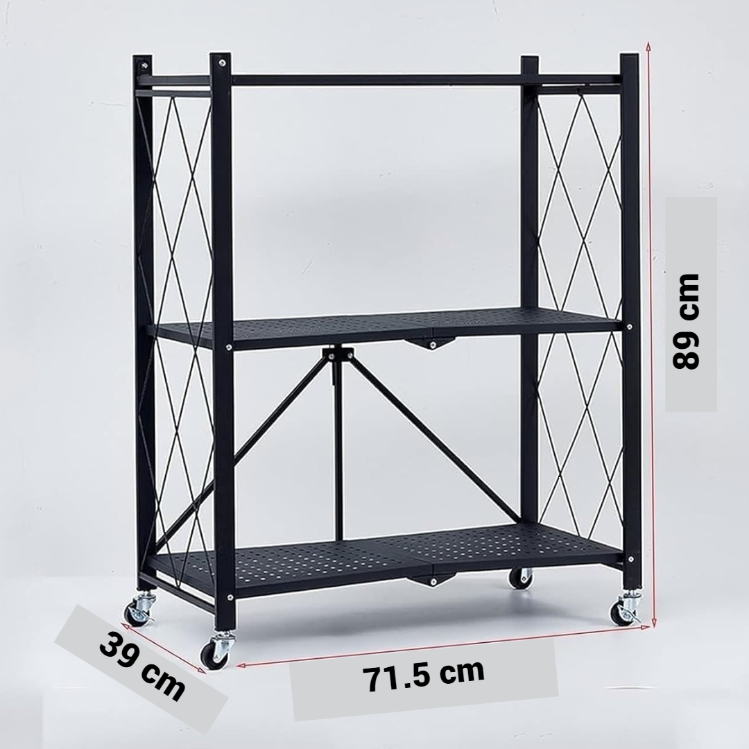 Raft depozitare, metalic, pliabil, pe roti, 3 polite, 71,5 x 39 x 89 cm