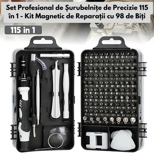 Set Profesional de Surubelnite de Precizie, 115 in 1 - Kit Magnetic de Reparatii cu 98 de Biti