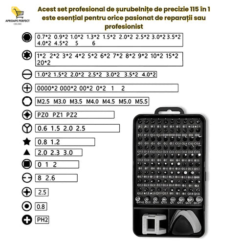 Set Profesional de Surubelnite de Precizie, 115 in 1 - Kit Magnetic de Reparatii cu 98 de Biti